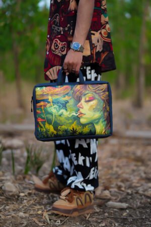 Modern leather laptop bag featuring a stylish Moroccan woman with floral accents