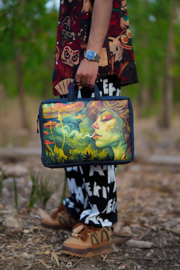 Modern leather laptop bag featuring a stylish Moroccan woman with floral accents